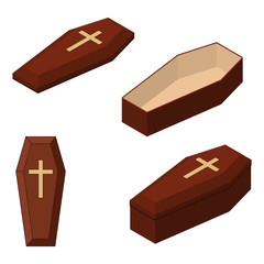 Red closed and opened classical expensive coffin set with a cross a wooden casket isometric 3d render. Vector illustration