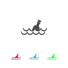 Bottle floating on waves icon flat.