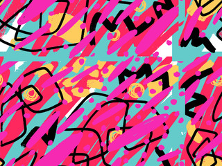 Seamless abstract doodle background pattern in bright summer positive colors. Hand-drawn abstract pattern with randomly arranged spots and dots and lines. Pencil and paint texture.