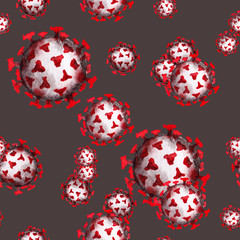 Seamless pattern of big and small virus cells. COVID19 backdrop. Watercolor hand painted isolated elements on grey-red background.