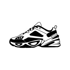 Sneaker vector icon in black or realistic fashion sport running shoe for training and fitness on an isolated white background. EPS 10 vector.