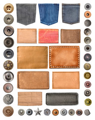 collection of various jeans parts on white