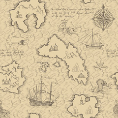Old caravel, vintage sailboat, sea monster. Seamless pattern