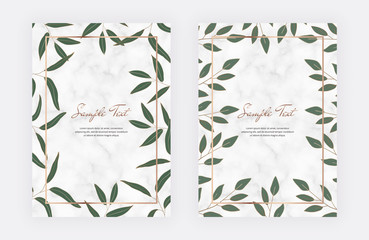 Marble cards with green leaves, geometric golden lines frames. Trendy templates for wedding invitation, banner, flyer, poster, greeting.