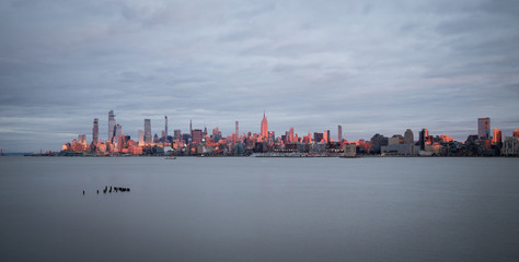 Panoramic view of Midtown Manhattan at sunset from Harborside Place, Jersey City, New Jersey