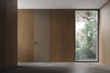 Modern interior design. Empty room interior with wooden walls.
