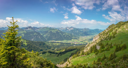 Fototapeta na wymiar Panoramic view of the Austrian Alps with the Tannheimer valley with its alpine meadows and the forest