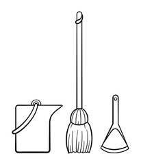 Broom stick, bucket and dustpan for cleaning in black lines on white background