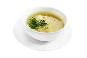 Chicken bouillon with noodles isolated on the white