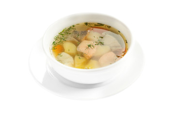 Fresh fish soup on the white background