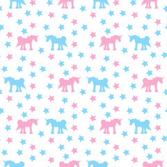 Seamless pattern with interesting pink and blue unicorns and stars on white background for fabric, textile, clothes, tablecloth and other things. Vector image.