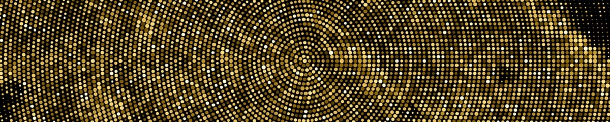 Gold Glitter Halftone Dotted Backdrop. Abstract Circular Retro Pattern. Pop Art Style Background. Golden Explosion Of Confetti. Wide Horizontal Long Banner For Site. Vector Illustration, Eps 10.  