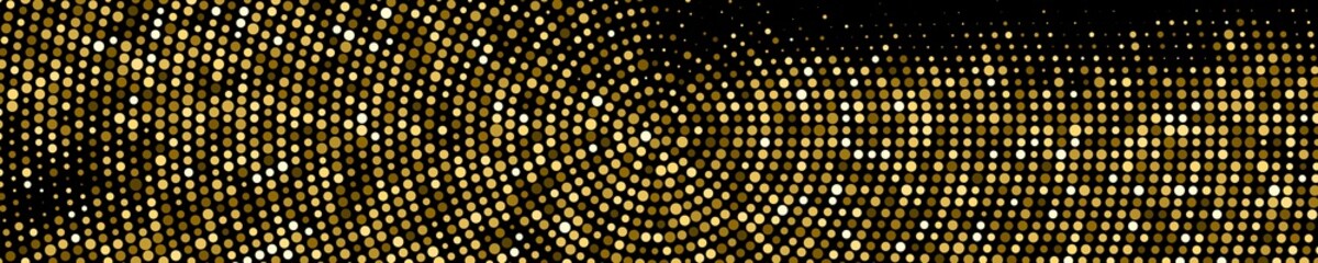 Gold Glitter Halftone Dotted Backdrop. Abstract Circular Retro Pattern. Pop Art Style Background. Golden Explosion Of Confetti. Wide Horizontal Long Banner For Site. Vector Illustration, Eps 10.  