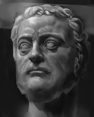 Digital grayscale Portrait of a middle-aged man's head with prominent eyes looking in the distance styled as a Roman ancient sculpture, depicting a fictitious person
