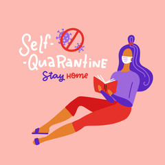 Coronavirus Quarantine concept with young woman reading book alone at home isolated to protect virus. Lettering quote - Self-quarantine. Stay home. COVID-19 Lockdown at home. Flat vector illustration