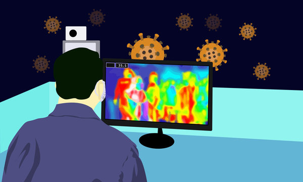 Illustration Vector Graphic Of Health Officials Detect Incoming Passengers Body Temperature With Thermal Camera Equipment To Scan The Corona Virus Or Covid-19 And No Virus Sign On Blue Background.