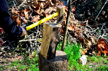 Chopping wood with the hatchet in a rural scene.