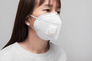 Young woman with face mask isolated on white background to prevent coronavirus & PM 2.5 air pollution, Woman demonstrate how to wear virus protective face mask.