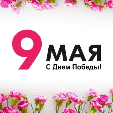 Greeting card for Victory Day. A square photo with a frame of pink carnations on a white background. Text in Russian: May 9, Congratulations on Victory Day!
