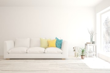 White living room with sofa. Scandinavian interior design. 3D illustration