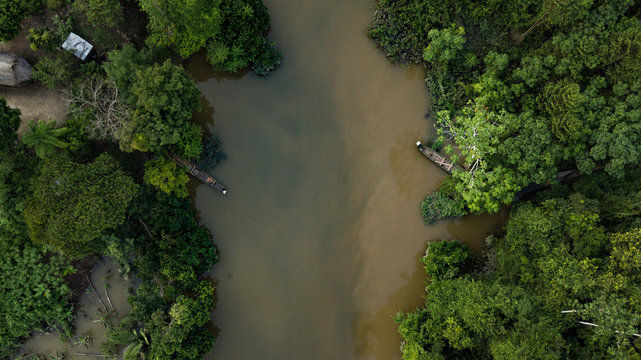 Aerial photo of jungle river in amazon rainforest in Peru 