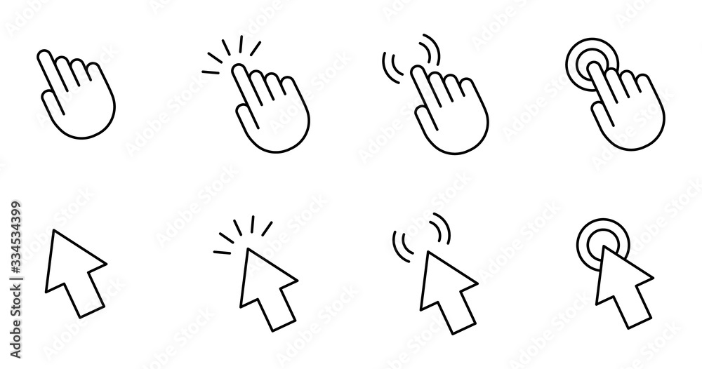 Fototapete hand and arrow computer mouse cursor pointer icons. set of 8 vector images with editable stroke.