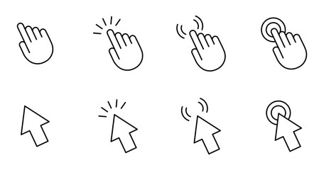 Hand and arrow computer mouse cursor pointer icons. Set of 8 vector images with editable stroke.