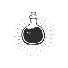 Magic potion in bottle hand drawn vector sketch. Glass bottle with black fluid on white background.