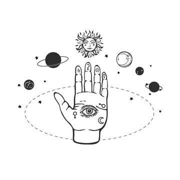 Palm with eye of providence surrounded by planets. Eye of providence hand palm vector illustration. Element for pagan, occult magic, halloween or witchcraft theme.