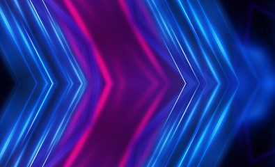 Dark abstract background with UV neon glow, blurred light lines, waves. Blue-pink neon light