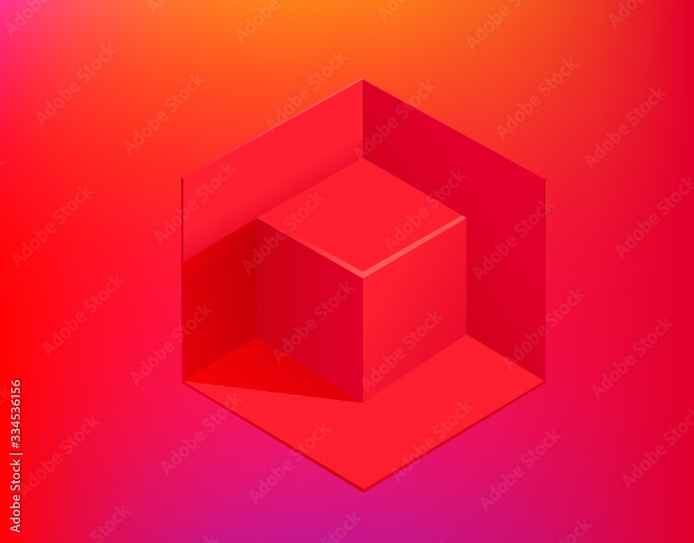 Poster Red cube on gradient background. Webpage template