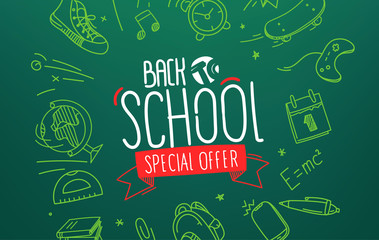 Back to school special offer. Vector banner wшер lettering inscription