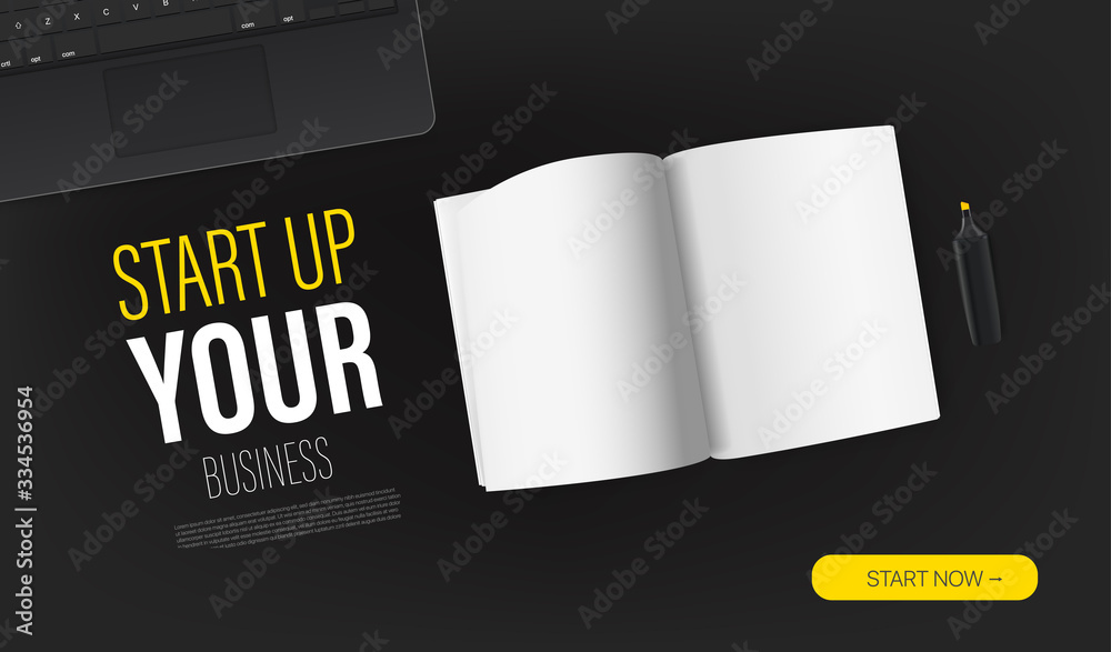 Poster start up your business promo landing page template with paper book and sample text. top view vector 
