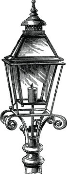 Gas Lamp Vintage Engraved line art drawing black and white Illustration