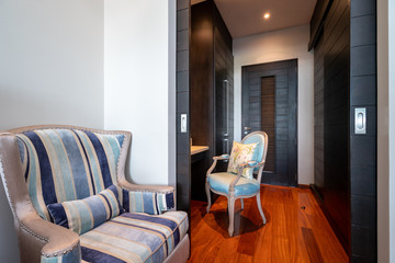 Bedroom with ceiling fan of pool villa, house, home, condo and apartment