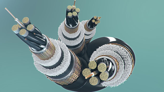 The concept of fiber optic cable on a colored background. Future cable technology. Detailed curved cable in cross section. Powerful communication technology. Network concept, 3d illustration