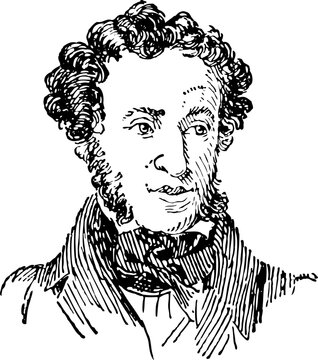 Pushkin Vintage Engraved line art drawing black and white Illustration