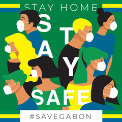 Set of men and women wearing medical mask preventing air pollution and virus with national flag  : Stay home, stay safe poster layout : Vector Illustration