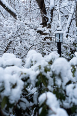 Freshly fallen snow with a lamp post