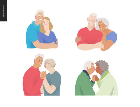 Medical insurance -senior citizen health plan -modern flat vector concept digital illustration of a happy elderly couple, standing embraced together holding their hands. Medical insurance plan.