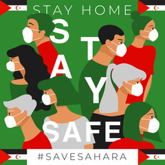 Set of men and women wearing medical mask preventing air pollution and virus with national flag  : Stay home, stay safe poster layout : Vector Illustration