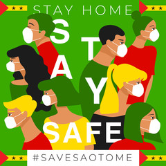 Set of men and women wearing medical mask preventing air pollution and virus with national flag  : Stay home, stay safe poster layout : Vector Illustration