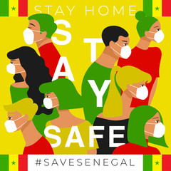 Fototapeta premium Set of men and women wearing medical mask preventing air pollution and virus with national flag : Stay home, stay safe poster layout : Vector Illustration