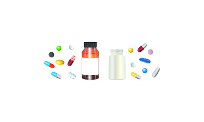 Set of various medical pills and bottle for use in medicine in pharmacies and shops. Vector illustration