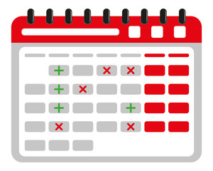 Fototapeta premium Flat paper calendar in flat style on white background. With check mark and cross. Flat color image of stationery calendar