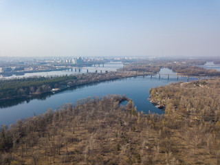 Fototapeta na wymiar View of the Dnieper River in Kiev. Aerial drone view.