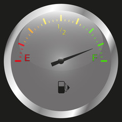 The round fuel gauge is realistic. Detail of the dashboard of a motorcycle car and other transport. White. Isolated on black background. Vector