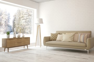 White living room with sofa and winter landscape in window. Scandinavian interior design. 3D illustration