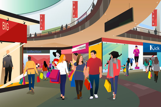 People Shopping in a Mall Vector Illustration