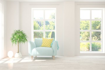 White living room with armchair and green landscape in window. Scandinavian interior design. 3D illustration